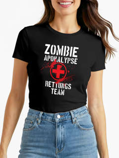 Damen T-Shirt Zombie Apokalypse Rettungsteam Fasching Halloween Verkleidung Horror Fun-Shirt Slim Fit Moonworks®