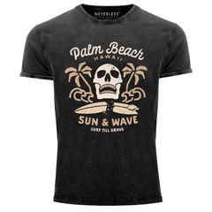 Neverless® Herren T-Shirt Surf-Motiv Totenkopf Palm Beach Vintage Shirt