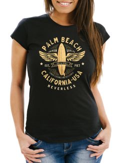 Damen T-Shirt Surfing Motiv Vintage Effekt Palm Beach California USA Schriftzug Fashion Streetstyle Slim Fit Neverless®