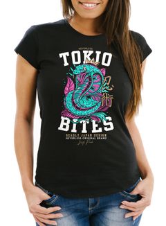 Damen T-Shirt Japan Kobra Motiv japanische Schriftzeichen Schriftzug Tokio bites Fashion Streetstyle Slim Fit Neverless®