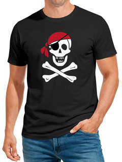 Herren T-Shirt Pirat Skull Jolly Roger Bandana Fasching Fun-Shirt Verkleidung Last Minute Kostüm Moonworks® 
