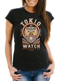 Damen T-Shirt Design Print Eule Motiv Tokio Watch Schriftzug Fashion StreetstyleSlim Fit Neverless®