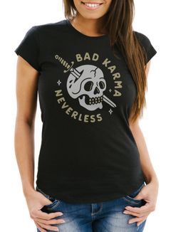 Damen T-Shirt Bikermotiv Skull Bad Karma Schriftzug Fashion Streetstyle Fashion Streetstyle Slim Fit Neverless®