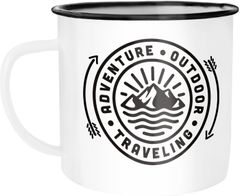 Emaille Tasse Becher Outdoor Design Logo Emblem Adventure Travelling Camping Trekking Kaffeetasse Moonworks®