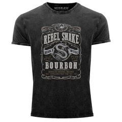 Neverless® Herren T-Shirt Vintage Shirt Printshirt Whiskey Emblem Rebel Snake Bourbon Retro Style Fashion Streetstyle Aufdruck Used Look Slim Fit