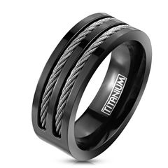Herren Ring Herrenring Titanium Titan Stahlseil Wire Inlays schwarz  black Autiga®