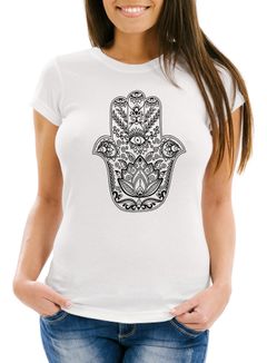 Damen T-Shirt Hamsa Hand der Fatima Glücksbringer Symbol Slim Fit Neverless®
