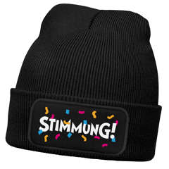 Herren Beanie mit Patch Stimmung Party Karneval Fasching Strickmütze Aufdruck Lustig Mütze Männer Moonworks®
