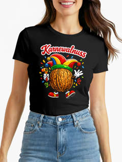 Damen T-Shirt - Karne-Walnuss Design- Fasching Karneval Ersatz Verkleidung Last Minute Kostüm Funshirt Slim Fit Moonworks®