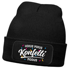 Damen Beanie mit bedrucktem Patch - Hokus Pokus Konfetti Modus - Strickmütze Spruch Karneval Fasching Aufdruck Lustig Damenmütze Moonworks®