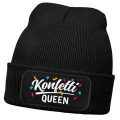 Damen Strickmütze - Konfetti Queen - Spruch Karneval Fasching Aufdruck Lustig - Beanie mit bedrucktem Patch - Damenmütze Moonworks®