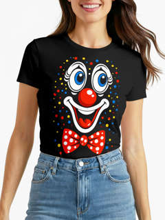 Damen T-Shirt - Clown Print Aufdruck - Fasching Karneval Ersatz Verkleidung Last Minute Kostüm Funshirt Slim Fit Moonworks®