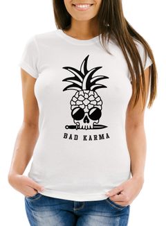 Damen T-Shirt Totenkopf Ananas Bad Karma Pineapple Skull Slim Fit Neverless®