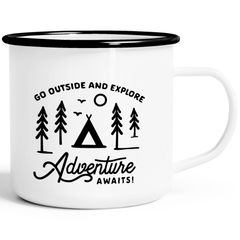 Emaille Tasse Becher Outdoor Design Spruch Go out an explore Adventure awaits Camping Travelling Trekking Kaffeetasse Moonworks®
