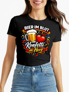 Damen T-Shirt - Bier im Blut Konfetti im Herz - Fasching Karneval Ersatz Verkleidung Last Minute Kostüm Funshirt Slim Fit Moonworks®