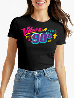 Damen T-Shirt - Vibes of the 90s - Fasching Karneval Ersatz Verkleidung 90er Jahre Motto Last Minute Kostüm Funshirt Slim Fit Moonworks®