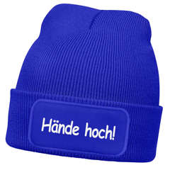 Herren Mütze Hände hoch Beanie Strickmütze mit Spruch Kostümersatz Bankräuber  Fasching Karneval Lustig Männer Moonworks®