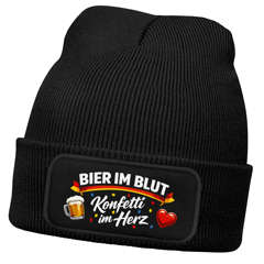 Damen Beanie Patch Strickmütze Spruch Bier Konfetti im Herz Karneval Fasching Aufdruck Lustig Damenmütze Moonworks®