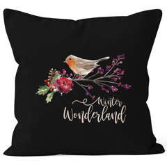 Kissenbezug Weihnachten Winterwonderland Vogel Rotkehlchen Blumen Misteln Christmas Bird Autiga®
