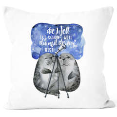 Kissen-Bezug Die Welt ist schön weil du mit drauf bist Liebe Spruch Seehunde Robben Sterne Kissen-Hülle MoonWorks®