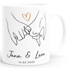 Kaffee-Tasse Liebe personalisiert mit Name und Datum Hände Paar Herz Liebes-Geschenk Freundin Mann SpecialMe®