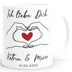 Kaffee-Tasse Ich liebe Dich Hände Herz Personalisiert mit Namen und Wunschdatum SpecialMe®