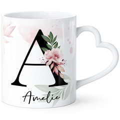 Tasse Buchstabe Monogramm personalisiert mit Namen Initiale Herzhenkel Blumen-Motiv persönliche Geschenke SpecialMe®