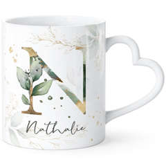 Herzhenkel -Tasse mit Buchstabe Monogramm personalisiert mit Wunschname Initiale Blätter-Motiv persönliche Geschenke SpecialMe®
