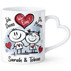 Tasse mit Herz-Henkel personalisiert verliebte Strichmännchem Spruch Ich Deins Du Meins Wunschnamen Geschenk Liebe SpecialMe®