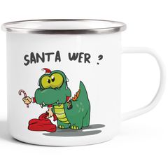 Emaille-Tasse Dinosaurier frisst Santa Claus Spruch Santa Wer? Weihnachtsmann Emaille-Becher lustig Moonworks®
