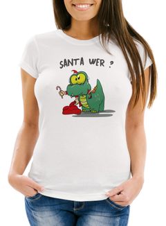 Damen T-Shirt Fun Motiv Dinosaurier frisst Santa Claus Spruch Santa Wer? Weihnachtsmann Fun-Shirt Slim Fit Moonworks®