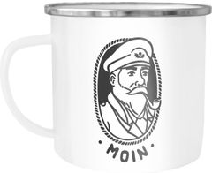 Emaille Tasse Becher Kapitän Seemann mit Pfeife Schriftzug Moin Kaffeetasse Moonworks®