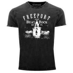Herren Vintage Shirt Retro Print Leuchturm Schriftzug Freeport Island Neverless®