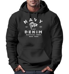 Hoodie Herren vintage Motiv Schriftzug Navy Denim Nautical New York Kapuzen-Pullover MännerNeverless®