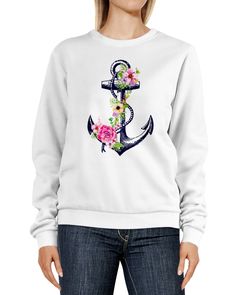 Sweatshirt Damen Anker Blumen Aufdruck Watercolor Rundhals-Pullover Pulli Sweater Neverless®