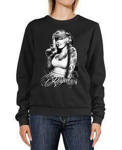 Sweatshirt Damen Marilyn Monroe Pistole Schriftzug Respect Tattoo Gangster Waffe Rundhals-Pullover Pulli Sweater Moonworks®