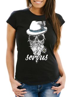 Damen T-Shirt Aufdruck Totenkopf Filzhut Bayern Skull Blume Servus Schriftzug Fun-Shirt Frauen Moonworks®