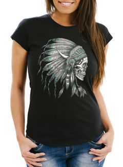 Damen T-Shirt Indianer Federn Häuptling Totenkopf Skull Feather Neverless®