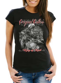 Damen T-Shirt King Of The Road Motorrad Biker Skelett Rockabilly Slim Fit Neverless®