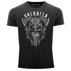 Herren Vintage Shirt Valhalla Wikinger Helm Viking Odin Krieger Printshirt T-Shirt Aufdruck Used Look Slim Fit Neverless® 