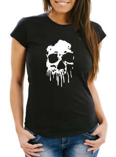 Damen T-Shirt Print Totenkopf Skull Blood Blut Paint Badge Fun-Shirt Slim Fit Moonworks®
