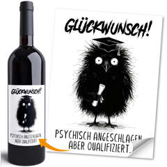 Weinetikett Glückwunsch Bestandene Prüfung Geschenk Flaschenetiketten selbstklebend Design Vogel Krähe Weingeschenk Moonworks®