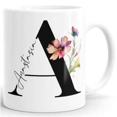 Kaffee-Tasse Florales Design mit Buchstabe Initiale Monogramm personalisiert mit Namen persönliche Geschenke Keramikbecher SpecialMe®