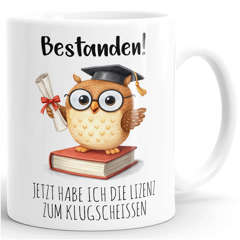 Kaffee-Tasse lustige Tiermotive - Geschenk Abschluss Bestanden Spruch Lustig Lizenz zum Klugscheissen - Keramikbecher Moonworks®