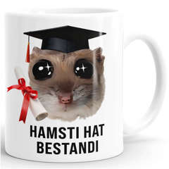 Kaffee-Tasse - Geschenk Abschluss Studium Bachelor - Sad Hamster - Spruch Hamsti hat bestandi Keramik Moonworks®
