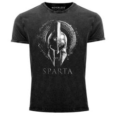 Herren Vintage Shirt Aufdruck Sparta Helm Krieger Warrior Printshirt T-Shirt Used Look Slim Fit Neverless® 