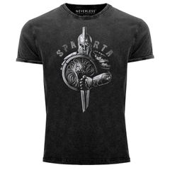 Herren Vintage Shirt Aufdruck Sparta Spartaner-helm Krieger Warrior Schwert Schild Löwe Printshirt T-Shirt Used Look Slim Fit Neverless® 