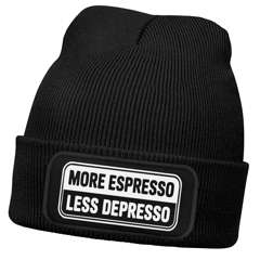 Herren Beanie Patch Strickmütze mit Spruch More Espresso Aufdruck Lustig Mütze Männer Moonworks®