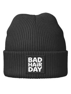 Herren Beanie Patch Bad Hair Day Spruch Aufdruck Wintermütze Streetwear Männer Moonworks®
