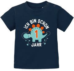 Baby T-Shirt 1. Geburtstag Spruch Ich bin schon 1 Jahr Dinosaurier Dino Geburtstagsshirt kurzarm Bio-Baumwolle MoonWorks®